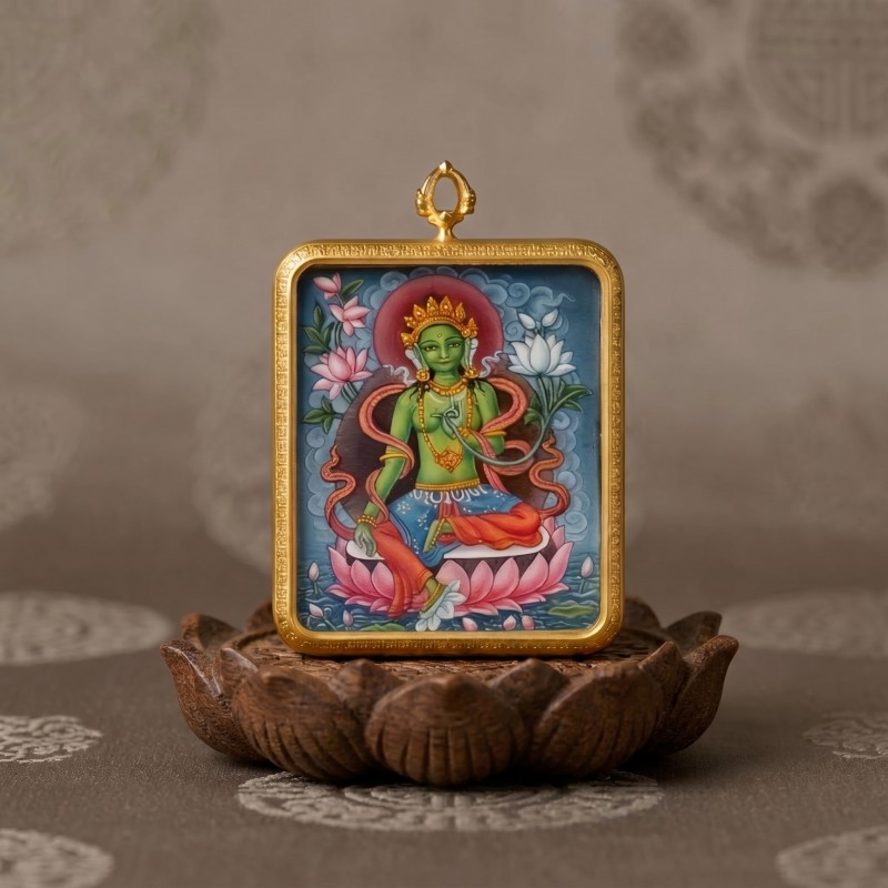 Green Tara Hand-Painted Thangka Pendant | Swift Obstacle-Removing Goddess Amulet for Protection & Good Luck image 2