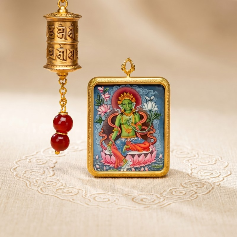 Green Tara Hand-Painted Thangka Pendant | Swift Obstacle-Removing Goddess Amulet for Protection & Good Luck image 3