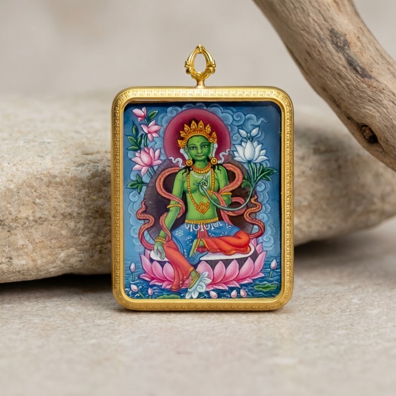 Green Tara Hand-Painted Thangka Pendant | Swift Obstacle-Removing Goddess Amulet for Protection & Good Luck image 4
