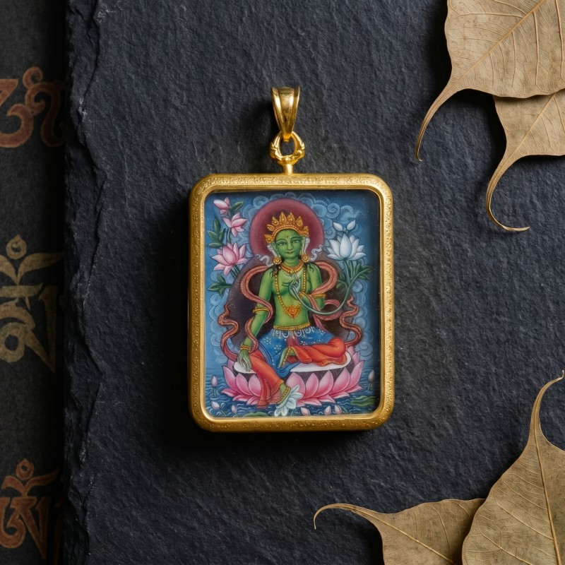Green Tara Hand-Painted Thangka Pendant | Swift Obstacle-Removing Goddess Amulet for Protection & Good Luck image 5