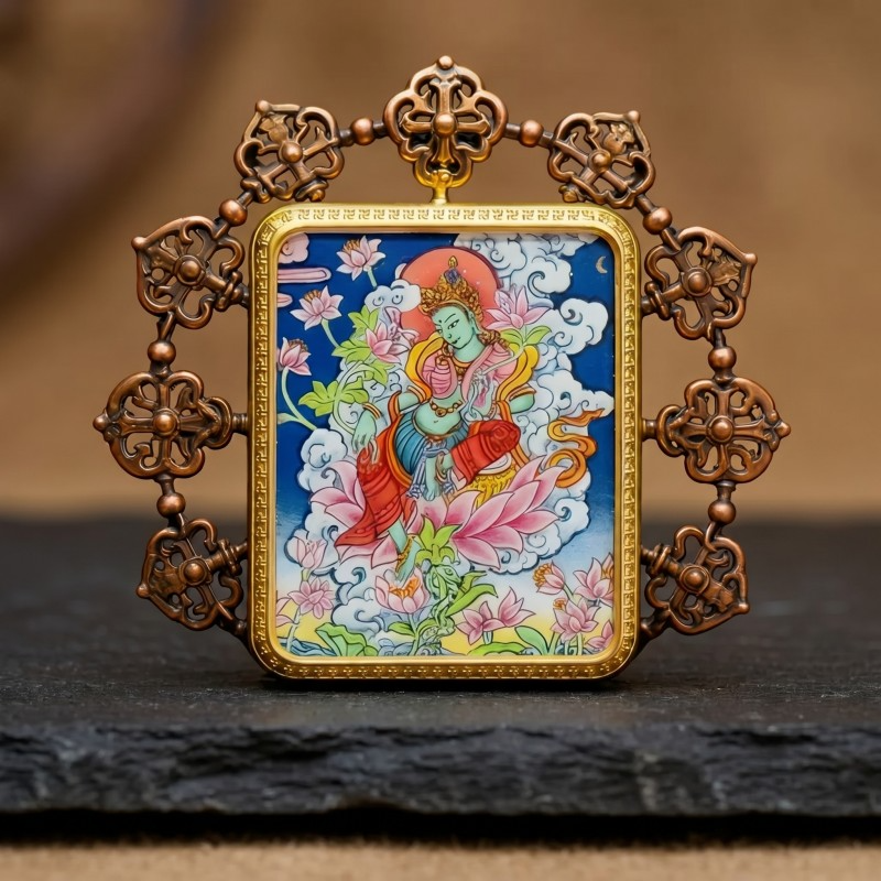 Green Tara Hand-Painted Thangka Pendant | Swift Obstacle-Removing Goddess Amulet for Protection & Good Luck