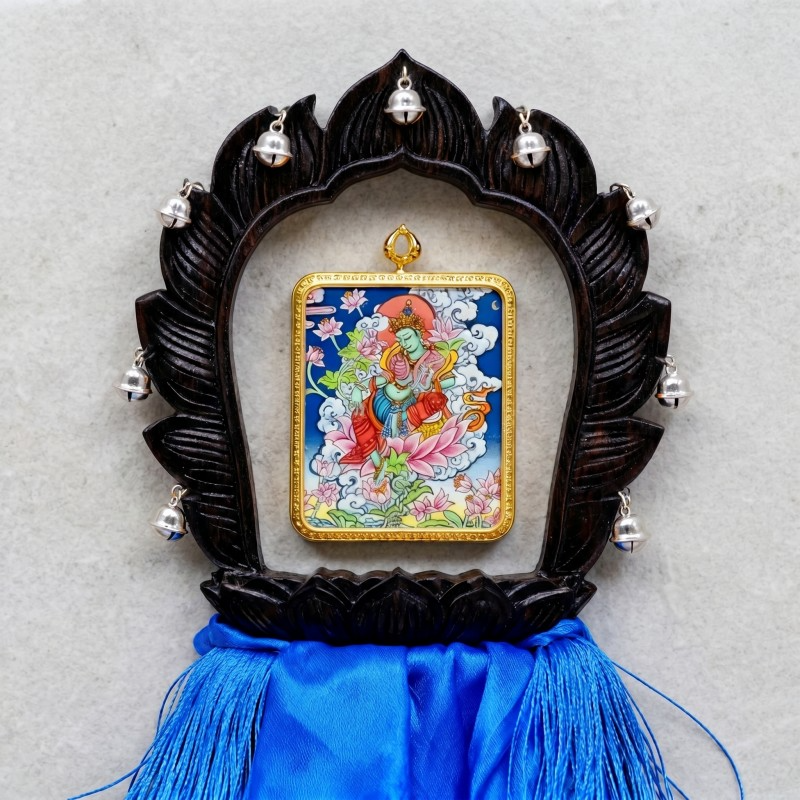 Green Tara Hand-Painted Thangka Pendant | Swift Obstacle-Removing Goddess Amulet for Protection & Good Luck image 2