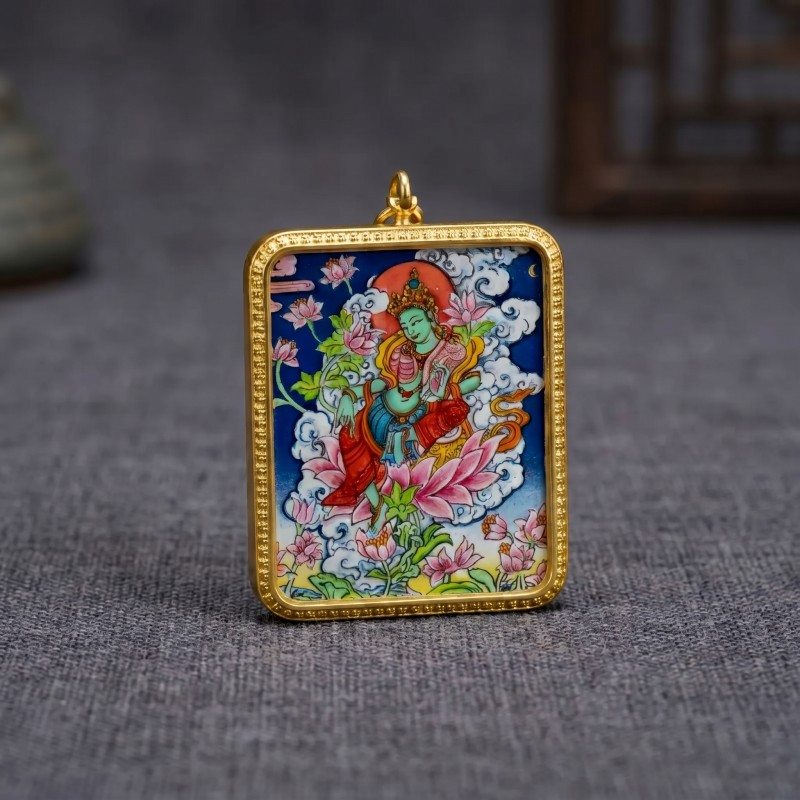 Green Tara Hand-Painted Thangka Pendant | Swift Obstacle-Removing Goddess Amulet for Protection & Good Luck image 3