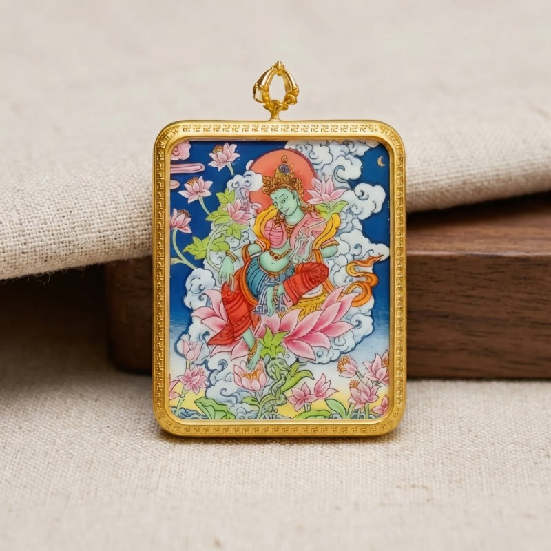 Green Tara Hand-Painted Thangka Pendant | Swift Obstacle-Removing Goddess Amulet for Protection & Good Luck image 4