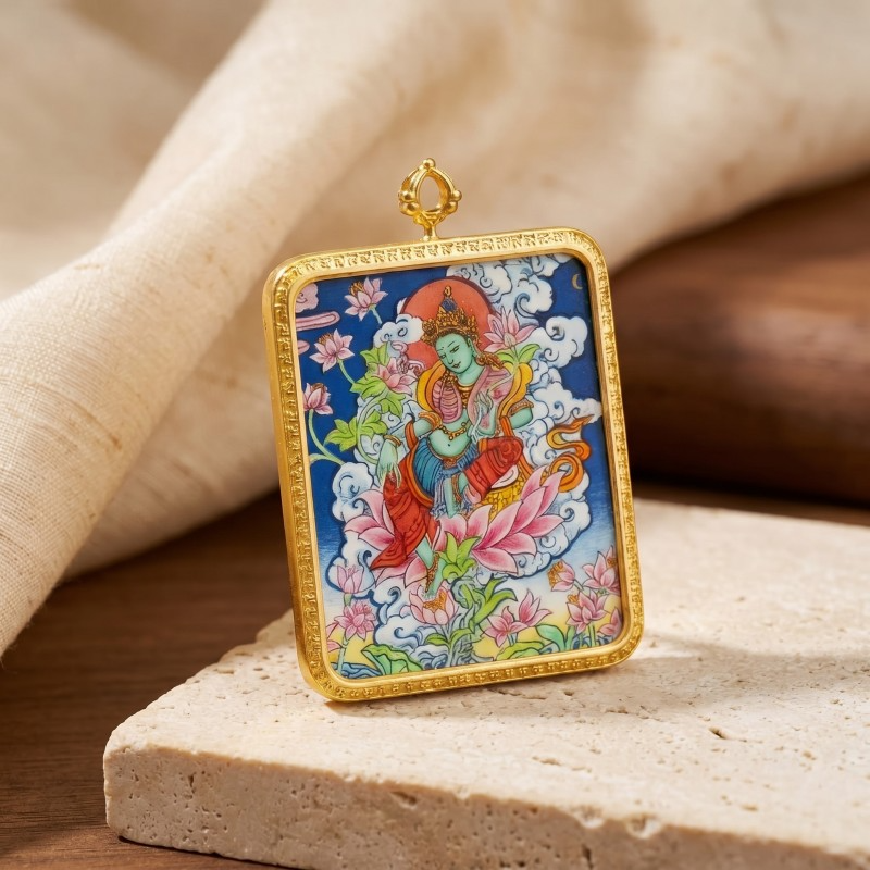 Green Tara Hand-Painted Thangka Pendant | Swift Obstacle-Removing Goddess Amulet for Protection & Good Luck image 5