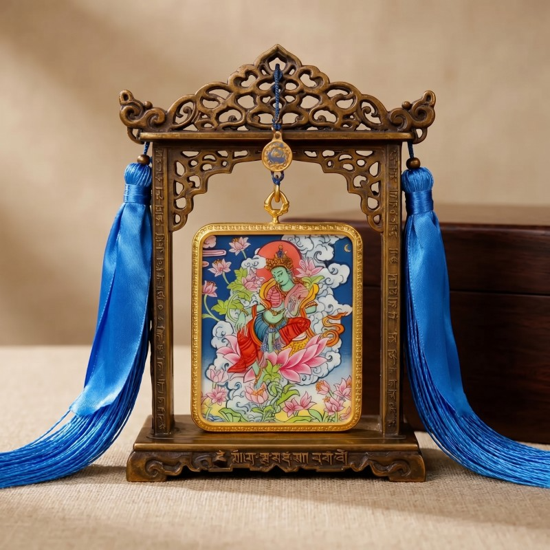 Green Tara Hand-Painted Thangka Pendant | Swift Obstacle-Removing Goddess Amulet for Protection & Good Luck image 6