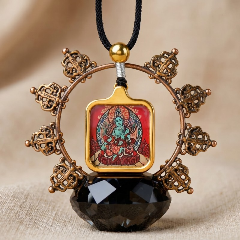 Green Tara Hand-Painted Thangka Pendant | Swift Obstacle-Removing Goddess Amulet for Protection & Good Luck