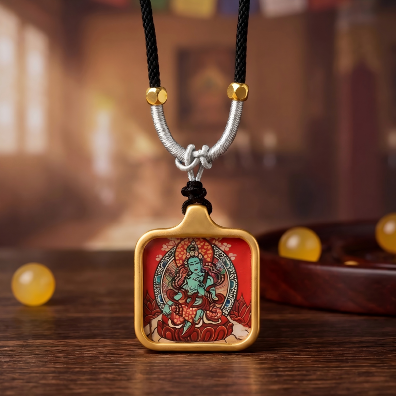 Green Tara Hand-Painted Thangka Pendant | Swift Obstacle-Removing Goddess Amulet for Protection & Good Luck image 2