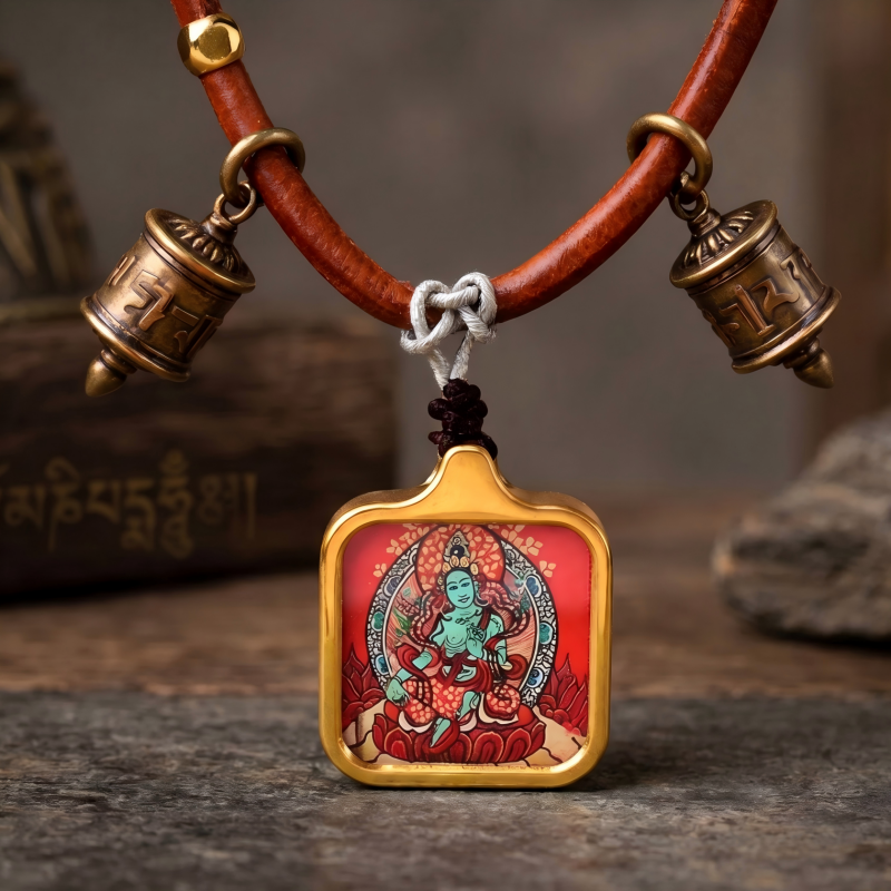 Green Tara Hand-Painted Thangka Pendant | Swift Obstacle-Removing Goddess Amulet for Protection & Good Luck image 3