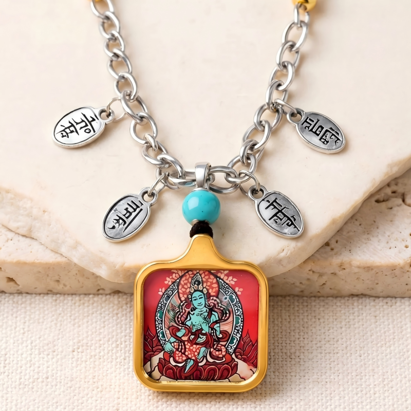 Green Tara Hand-Painted Thangka Pendant | Swift Obstacle-Removing Goddess Amulet for Protection & Good Luck image 4
