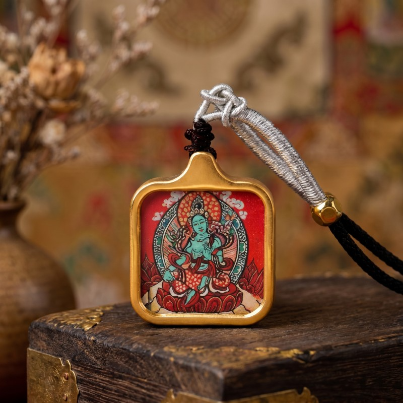 Green Tara Hand-Painted Thangka Pendant | Swift Obstacle-Removing Goddess Amulet for Protection & Good Luck image 6