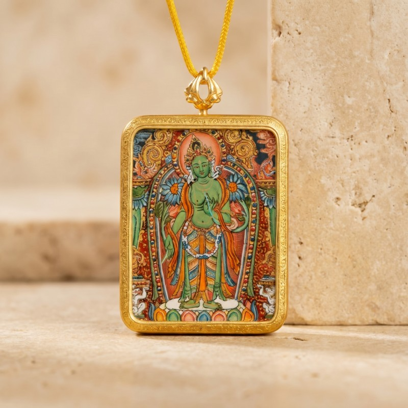 Green Tara Hand-Painted Thangka Pendant | Swift Obstacle-Removing Goddess Amulet for Protection & Good Luck