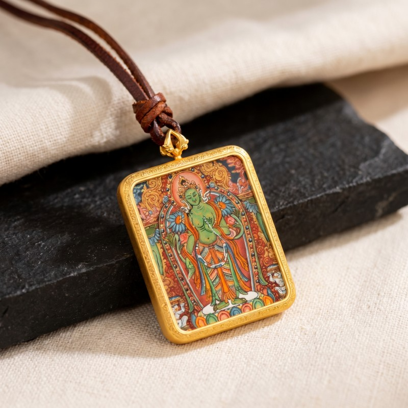 Green Tara Hand-Painted Thangka Pendant | Swift Obstacle-Removing Goddess Amulet for Protection & Good Luck image 2