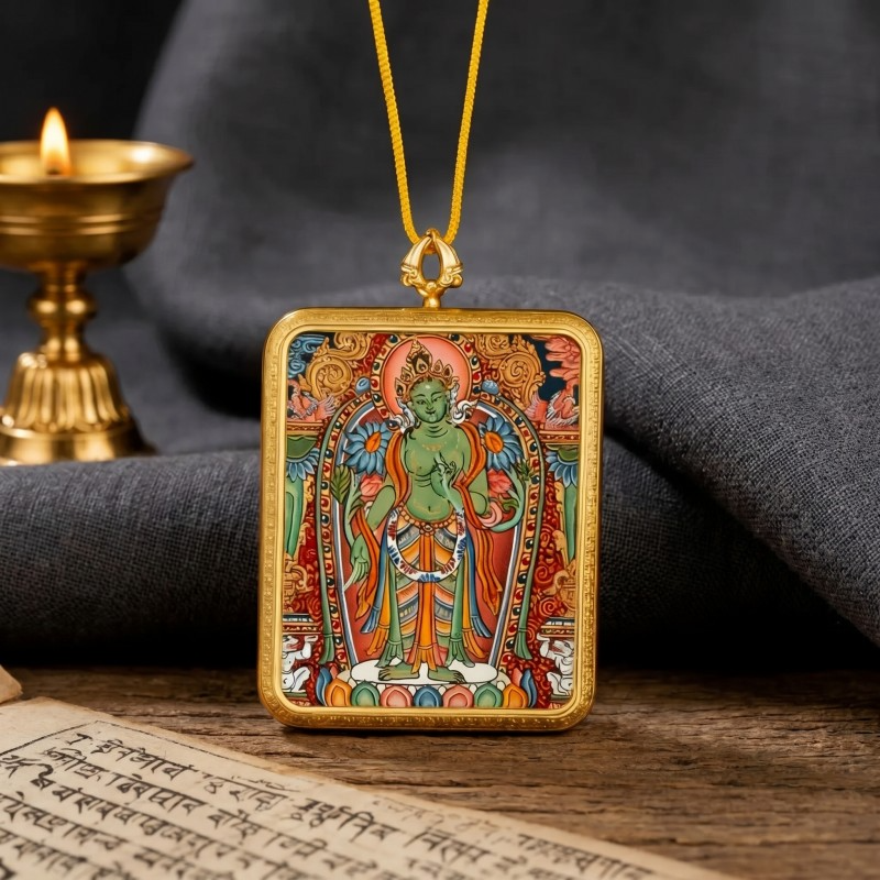 Green Tara Hand-Painted Thangka Pendant | Swift Obstacle-Removing Goddess Amulet for Protection & Good Luck image 3