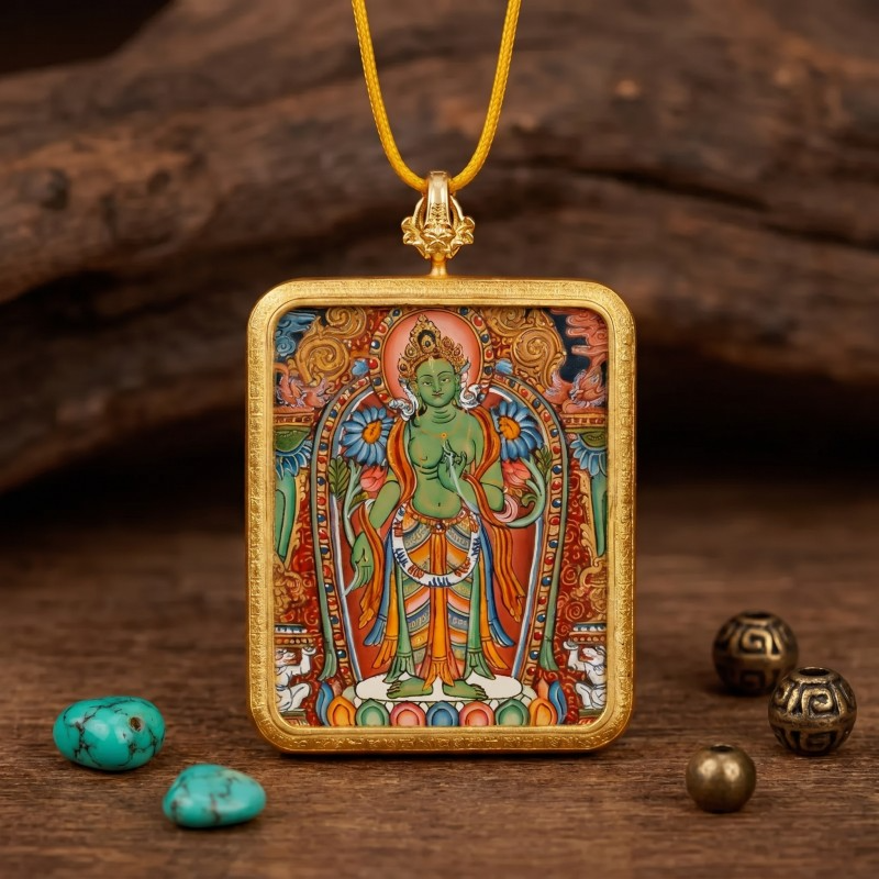 Green Tara Hand-Painted Thangka Pendant | Swift Obstacle-Removing Goddess Amulet for Protection & Good Luck image 4