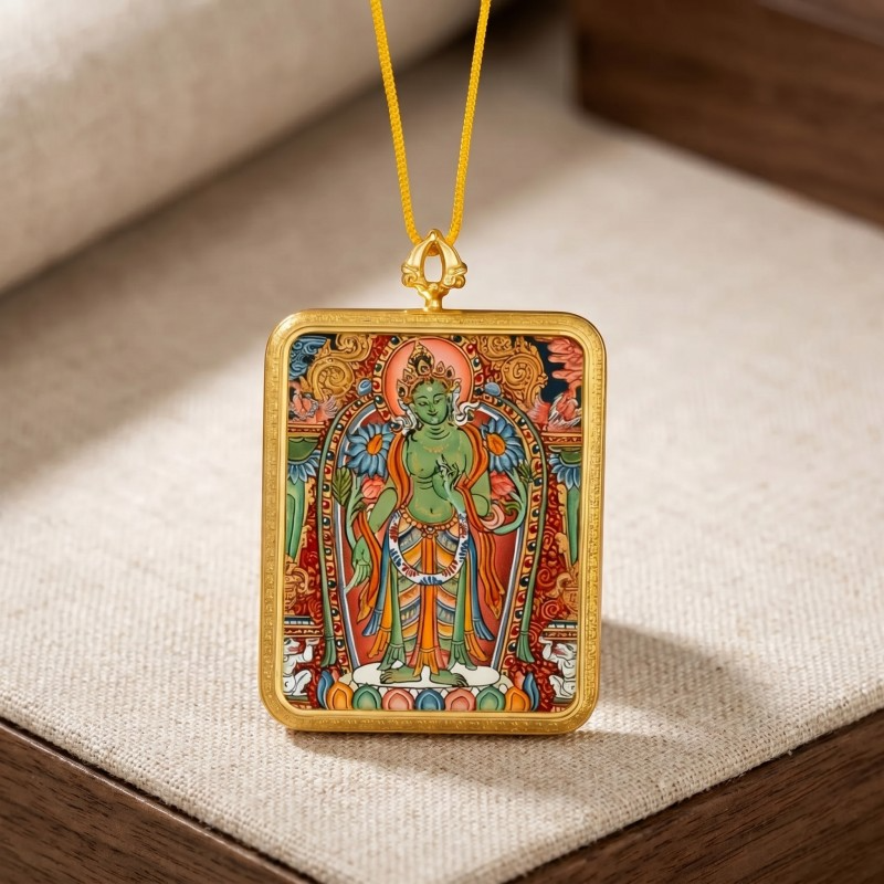 Green Tara Hand-Painted Thangka Pendant | Swift Obstacle-Removing Goddess Amulet for Protection & Good Luck image 5
