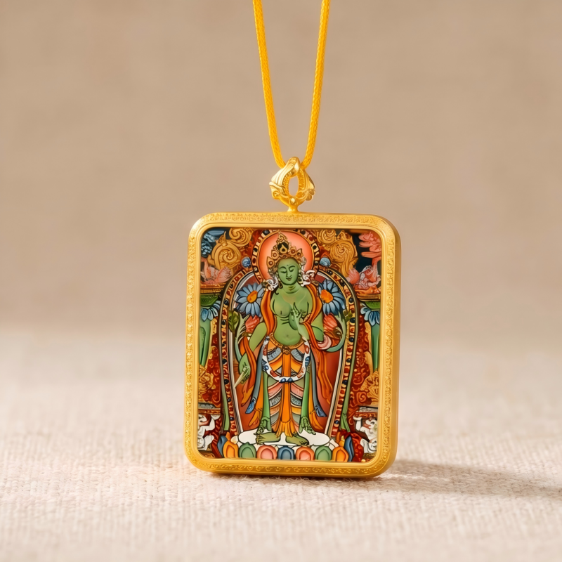 Green Tara Hand-Painted Thangka Pendant | Swift Obstacle-Removing Goddess Amulet for Protection & Good Luck image 6