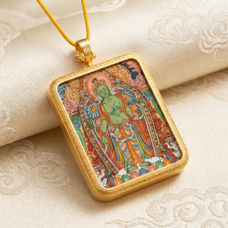 Green Tara Hand-Painted Thangka Pendant | Swift Obstacle-Removing Goddess Amulet for Protection & Good Luck image 7