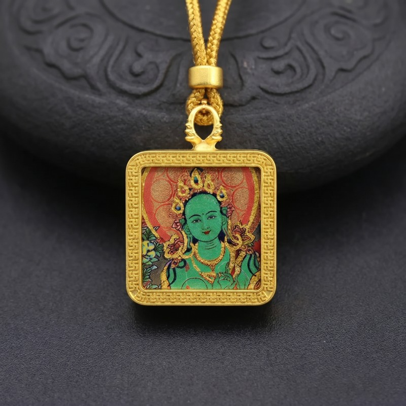 Green Tara Hand-Painted Thangka Pendant | Swift Obstacle-Removing Goddess Amulet for Protection & Good Luck