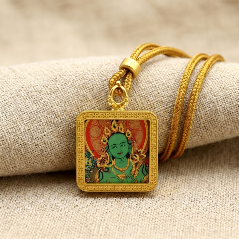 Green Tara Hand-Painted Thangka Pendant | Swift Obstacle-Removing Goddess Amulet for Protection & Good Luck image 2
