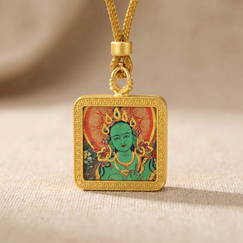 Green Tara Hand-Painted Thangka Pendant | Swift Obstacle-Removing Goddess Amulet for Protection & Good Luck image 3