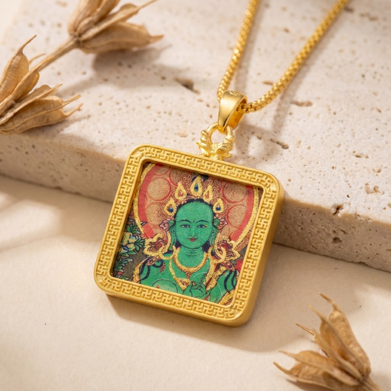 Green Tara Hand-Painted Thangka Pendant | Swift Obstacle-Removing Goddess Amulet for Protection & Good Luck image 4