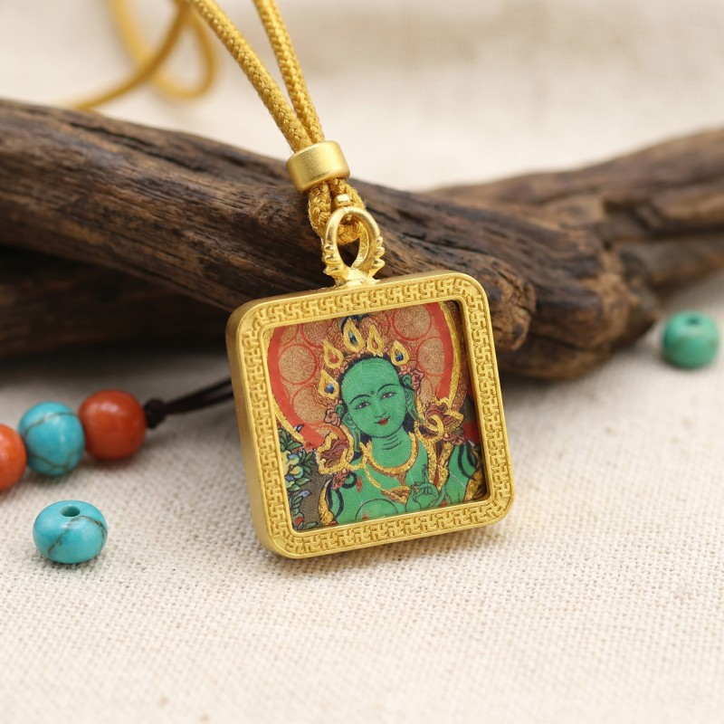 Green Tara Hand-Painted Thangka Pendant | Swift Obstacle-Removing Goddess Amulet for Protection & Good Luck image 5