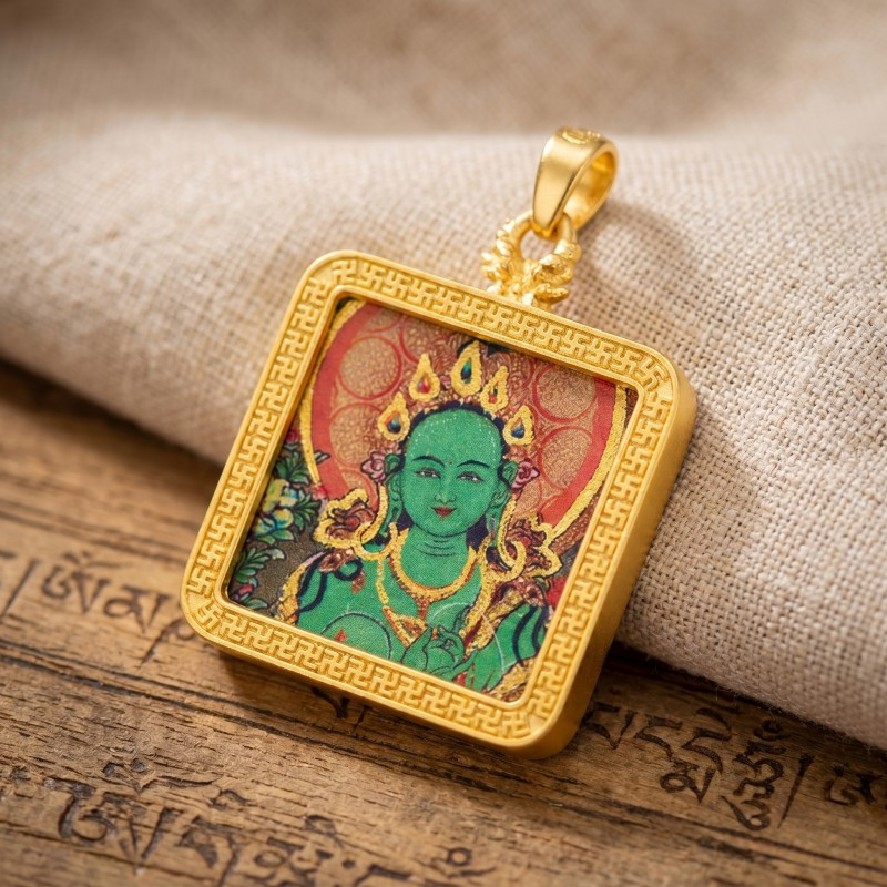 Green Tara Hand-Painted Thangka Pendant | Swift Obstacle-Removing Goddess Amulet for Protection & Good Luck image 6