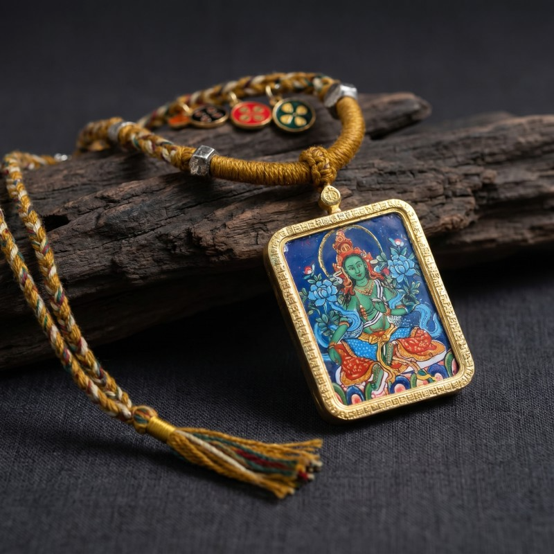 Green Tara Thangka Style Wall Art | Goddess of Compassion & Protection Decor image 2