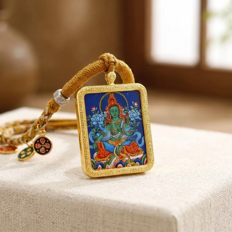 Green Tara Thangka Style Wall Art | Goddess of Compassion & Protection Decor image 3