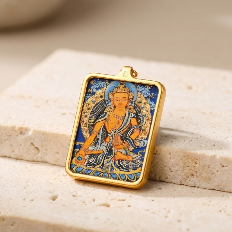 Ksitigarbha Hand-Painted Thangka Pendant | Bodhisattva of Compassion & Protection Amulet