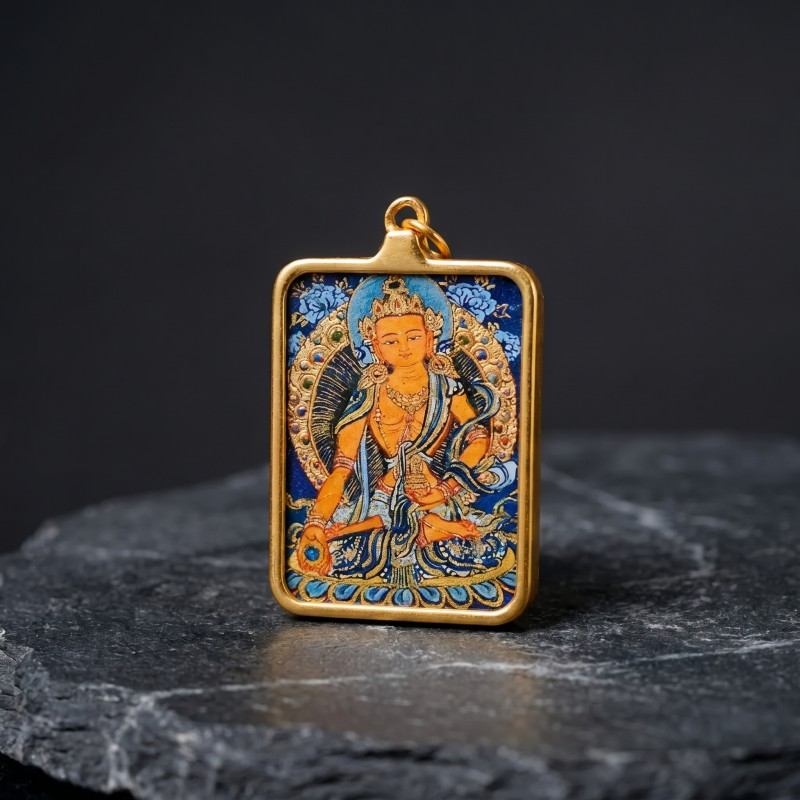 Ksitigarbha Hand-Painted Thangka Pendant | Bodhisattva of Compassion & Protection Amulet image 2