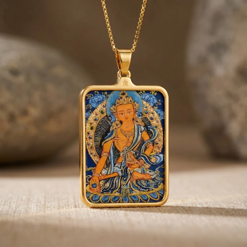 Ksitigarbha Hand-Painted Thangka Pendant | Bodhisattva of Compassion & Protection Amulet image 3