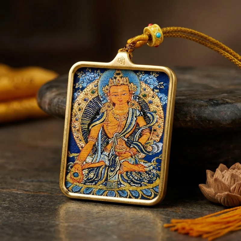 Ksitigarbha Hand-Painted Thangka Pendant | Bodhisattva of Compassion & Protection Amulet image 4