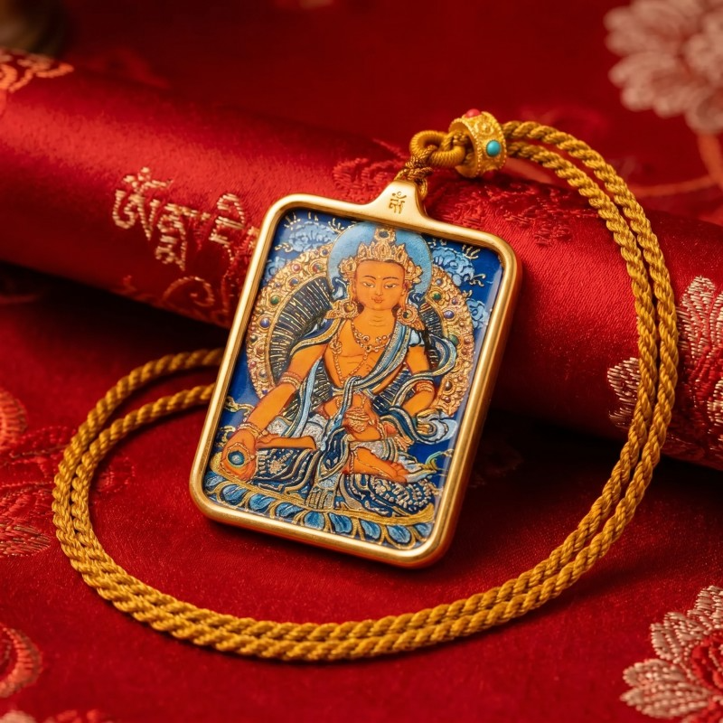 Ksitigarbha Hand-Painted Thangka Pendant | Bodhisattva of Compassion & Protection Amulet image 5