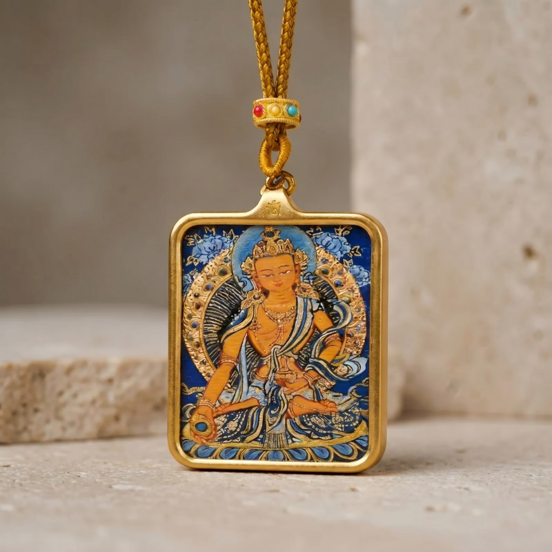 Ksitigarbha Hand-Painted Thangka Pendant | Bodhisattva of Compassion & Protection Amulet image 6