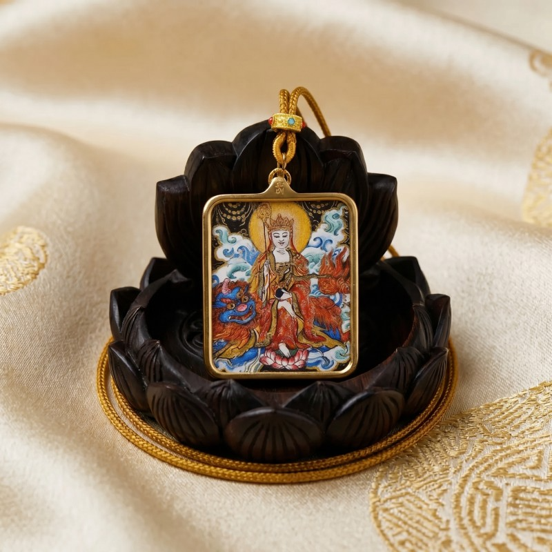 Ksitigarbha (Jizo) Hand-Painted Thangka Pendant | Bodhisattva of Compassion & Protection Amulet