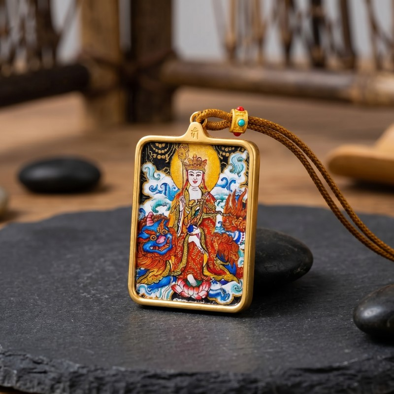 Ksitigarbha (Jizo) Hand-Painted Thangka Pendant | Bodhisattva of Compassion & Protection Amulet image 2