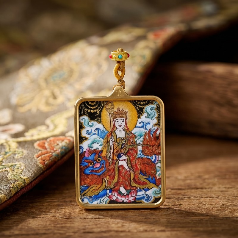 Ksitigarbha (Jizo) Hand-Painted Thangka Pendant | Bodhisattva of Compassion & Protection Amulet image 4