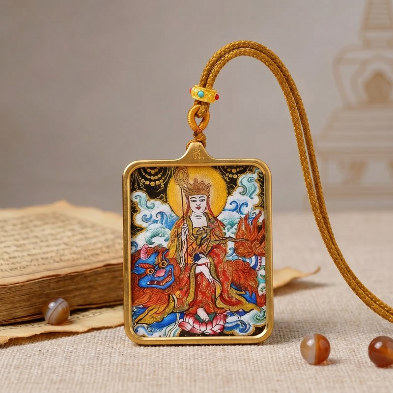 Ksitigarbha (Jizo) Hand-Painted Thangka Pendant | Bodhisattva of Compassion & Protection Amulet image 5