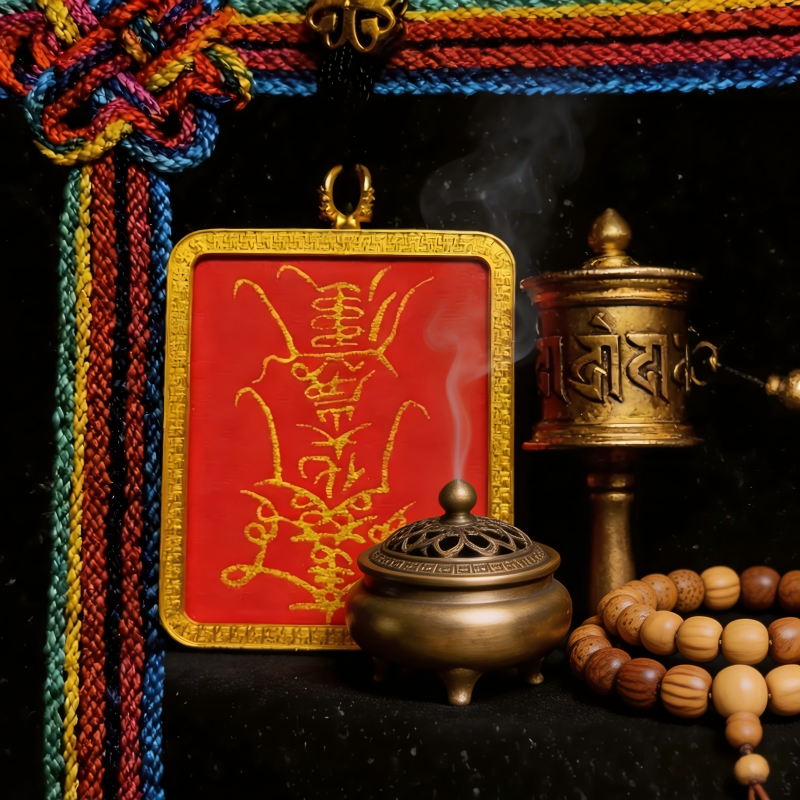 Lord Wenwu Hand-Painted Thangka Pendant | Dual Wealth God Amulet for Prosperity & Business Luck image 2