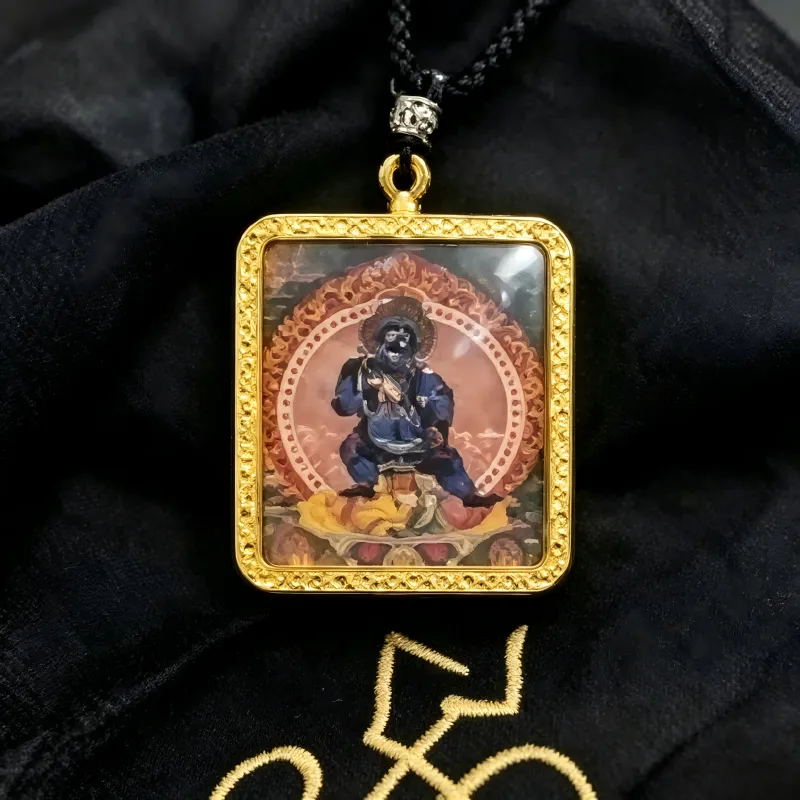 Mahakala Hand-Painted Thangka Pendant | Fierce Protector Deity Amulet Against Harm & Obstacles image 2