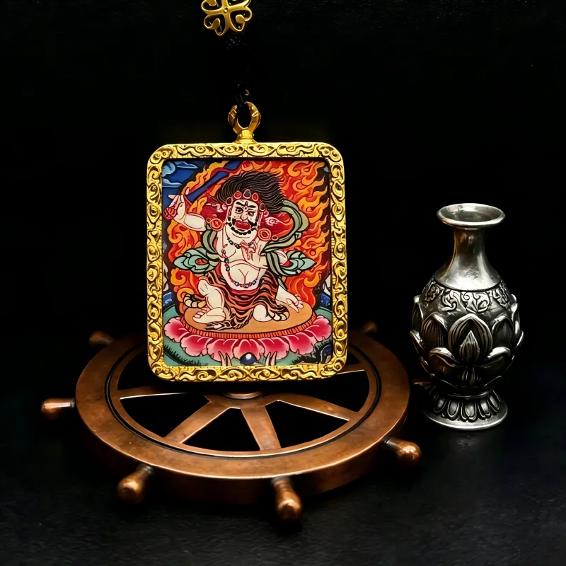 Mahakala Hand-Painted Thangka Pendant | Wrathful Dharma Protector Amulet for Obstacle Removal & Spiritual Protection