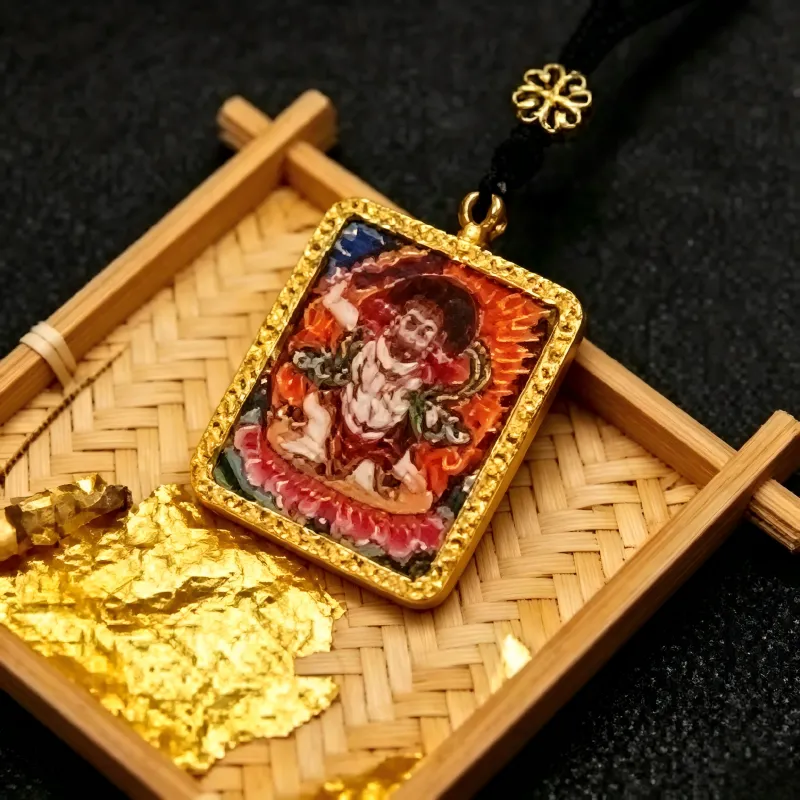 Mahakala Hand-Painted Thangka Pendant | Wrathful Dharma Protector Amulet for Obstacle Removal & Spiritual Protection image 2