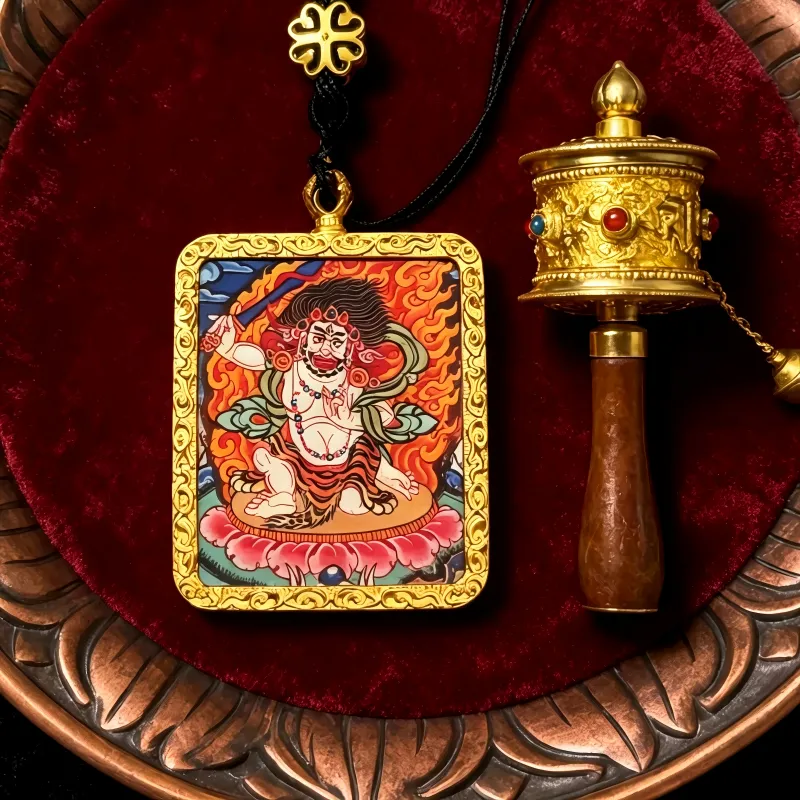 Mahakala Hand-Painted Thangka Pendant | Wrathful Dharma Protector Amulet for Obstacle Removal & Spiritual Protection image 3