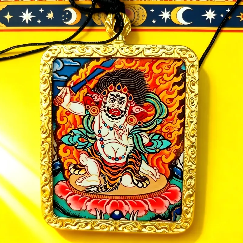 Mahakala Hand-Painted Thangka Pendant | Wrathful Dharma Protector Amulet for Obstacle Removal & Spiritual Protection image 6