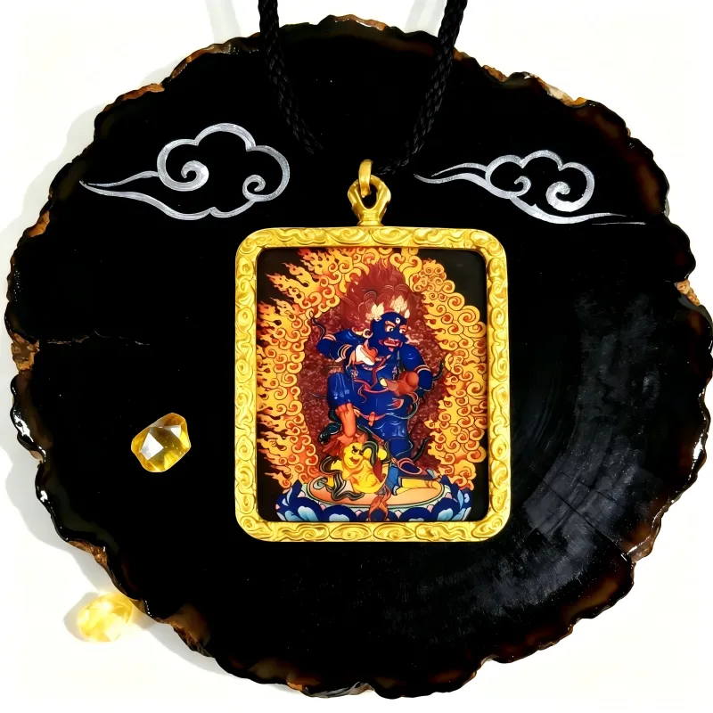Mahakala Hand-Painted Thangka Pendant | Wrathful Protector & Wealth Guardian Amulet