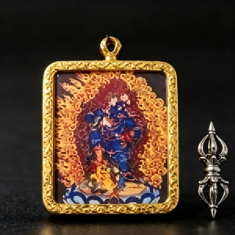 Mahakala Hand-Painted Thangka Pendant | Wrathful Protector & Wealth Guardian Amulet image 2