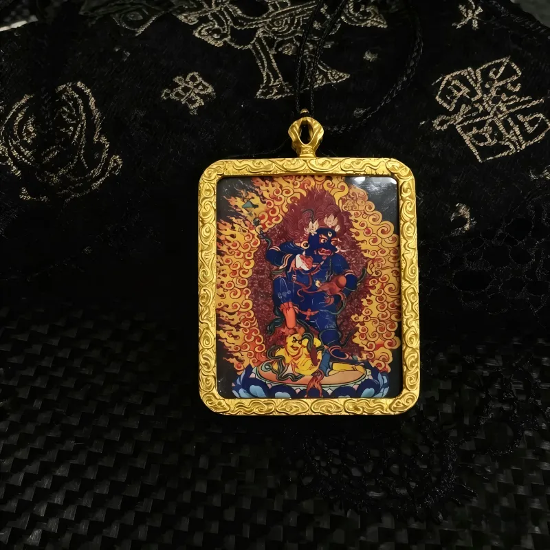 Mahakala Hand-Painted Thangka Pendant | Wrathful Protector & Wealth Guardian Amulet image 3