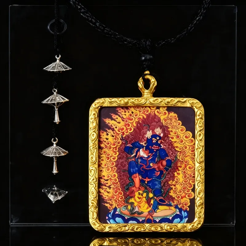 Mahakala Hand-Painted Thangka Pendant | Wrathful Protector & Wealth Guardian Amulet image 4